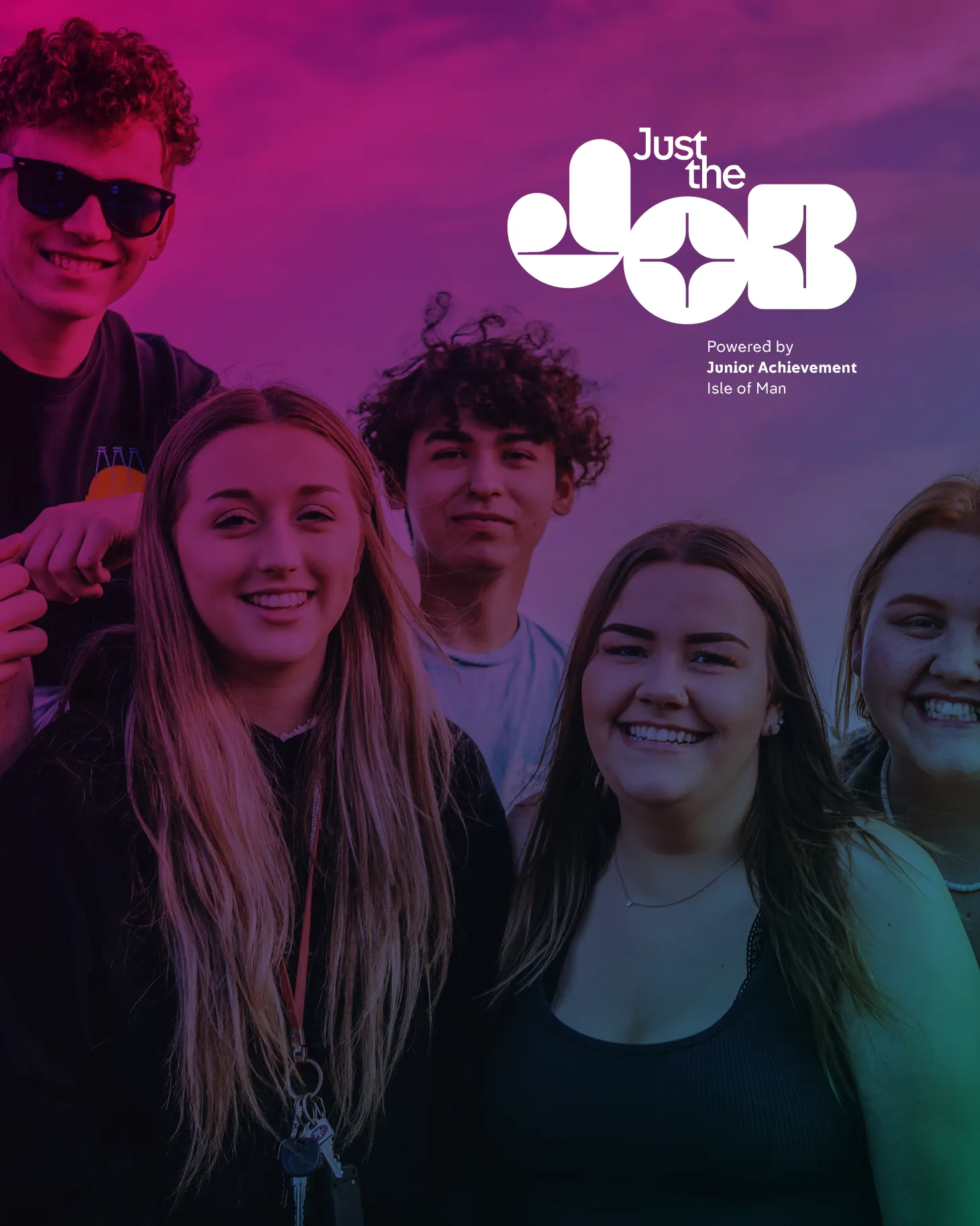 Just the Job logo overlaid on a photo of smiling young people with pink and purple gradient branding